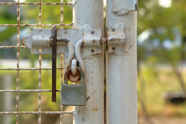 istock Old silver padlocks on the iron door 1341621174