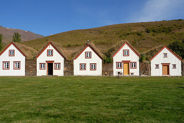 Icelandic turf houses in Laufas near Akureyri,Iceland Restored turf houses in Laufas near Akureyri. akureyri stock pictures, royalty-free photos & images