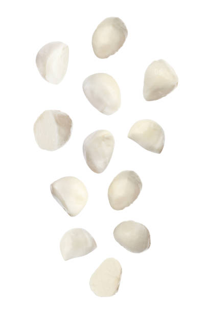istock Set of falling mozzarella cheese balls on white background 1341621516