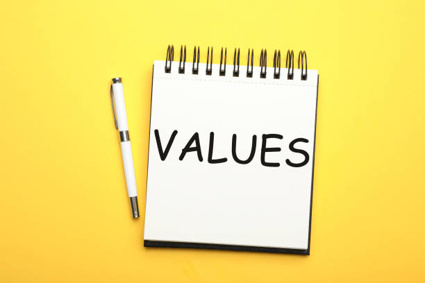 istock Core values concept. Stylish open notebook and pen on yellow background, top view 1341621922