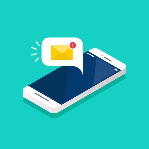 New email notification on the smartphone screen isometric New email notification on the smartphone screen isometric. Vector illustration unread messages illustrations stock illustrations