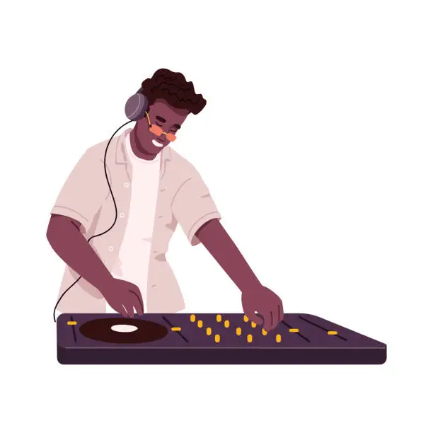 Vector illustration of DJ playing electronic music with audio controller. Happy black American man at console mixer mixing sounds and tacks with turntable. Flat vector illustration isolated on white background