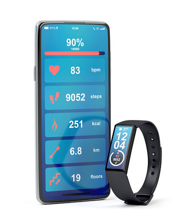 Smartphone and fitness tracker on white background