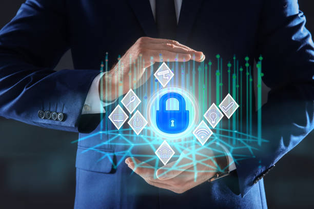 istock Home security concept. Man demonstrating digital lock on dark background, closeup 1341623177