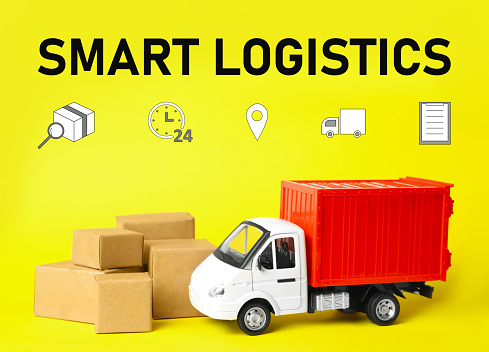 Smart logistics concept. Truck with boxes and icons on yellow background