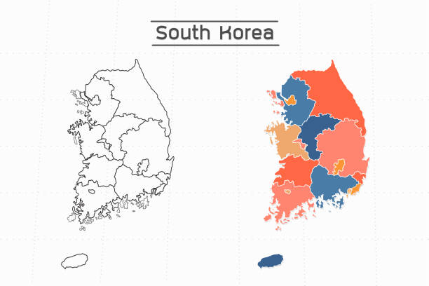 карта южной кореи вектор города разделена красочными очертаний простотой стиля. есть 2 версии, черная тонкая лин ия версии и красочная верси - south korea stock illustrations