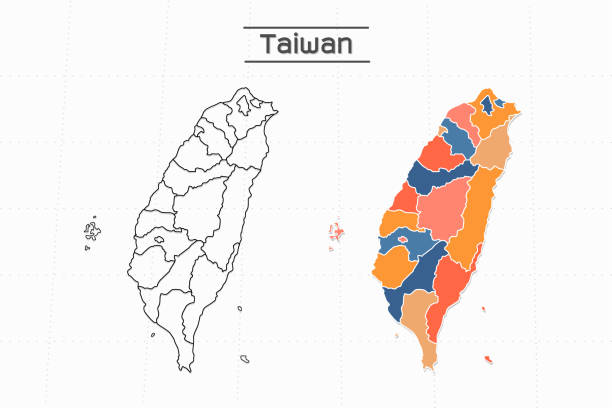 illustrazioni stock, clip art, cartoni animati e icone di tendenza di vettore della città della mappa di taiwan diviso per lo stile di semplicità del contorno colorato. hanno 2 versioni, versione nera a linea sottile e versione colorata. entrambe le mappe erano su sfondo bianco. - taiwanese