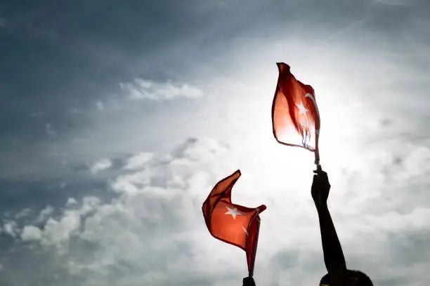 Two Hands holding Turkish flags on a blue and cloudy sky and on the day of liberty Izmir.