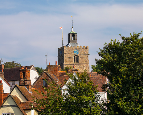 The tower of St. John the Baptist church in the beautiful village of Finchingfield in Essex, UK.