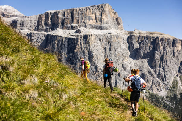 istock Alpine mountain guide climbing with family hiking group 1341627024