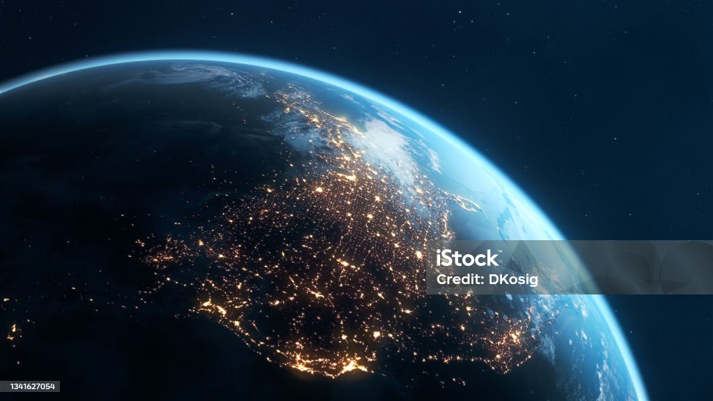 Planet Earth At Night - City Lights Of North America High quality 3D rendered video, made from ultra high res 20k textures by NASA:
https://visibleearth.nasa.gov/images/55167/earths-city-lights,
https://visibleearth.nasa.gov/images/73934/topography,
https://visibleearth.nasa.gov/images/57747/blue-marble-clouds/77558l Globe - Navigational Equipment Stock Photo