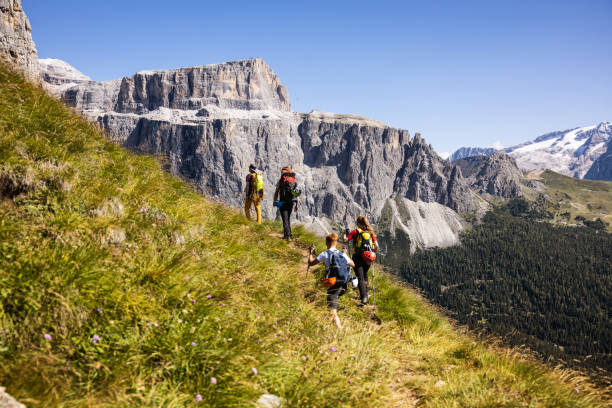 istock Alpine mountain guide climbing with family hiking group 1341627160
