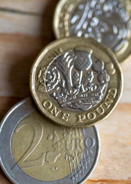 istock One pound coins and two euro coin. 1341627299