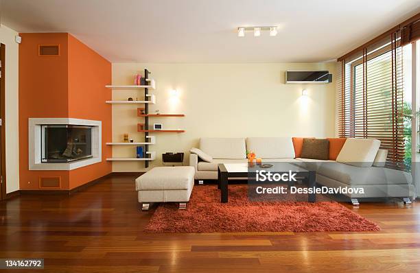 Modern Living Room Interior Stock Photo - Download Image Now - Orange Color, Domestic Room, Living Room