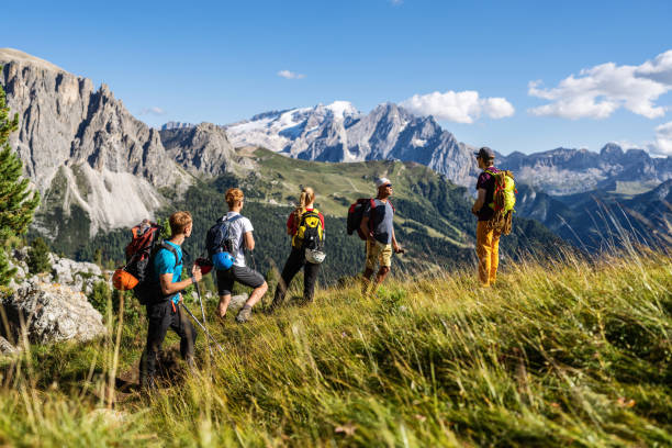 istock Alpine mountain guide climbing with family hiking group 1341628526