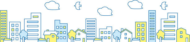 istock Landscape of buildings and houses (yellow and light blue) 1341628763