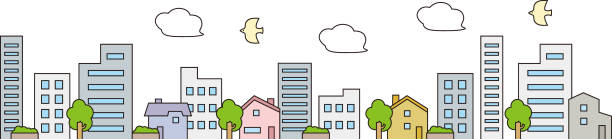 istock Landscape of buildings and houses (line art color) 1341628773