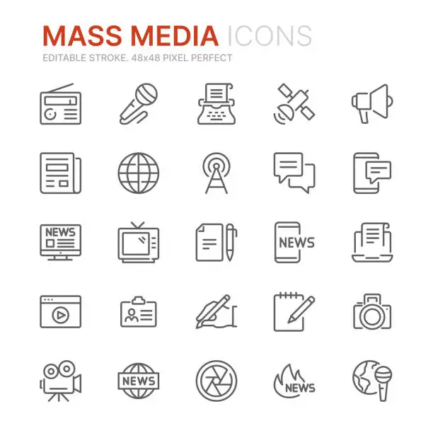 Vector illustration of Collection of mass media related outline icons. 48x48 Pixel Perfect. Editable stroke