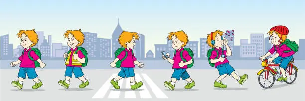 Vector illustration of Children on the way to school and home