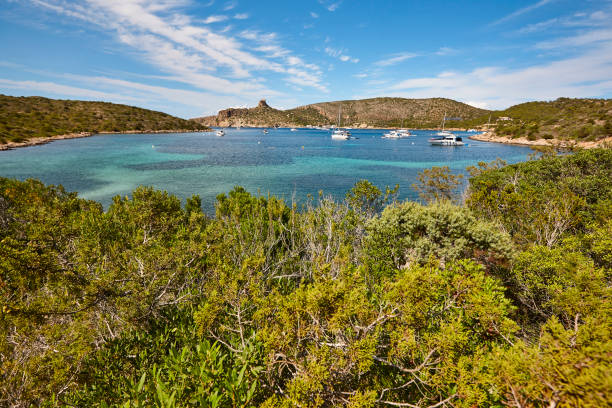Turquoise waters in Cabrera island shoreline landscape. Balearic archipelago. Spain stock photo