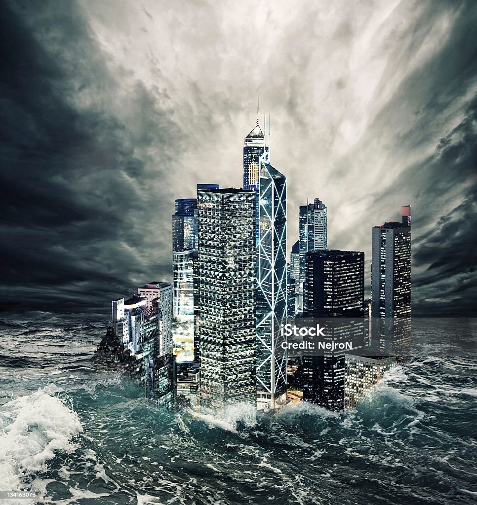 Stormy picture of buildings in the sea like a lighthouse End of the world City Stock Photo