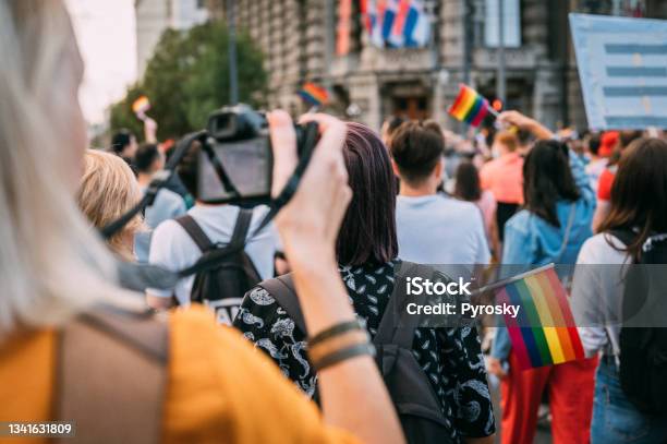 Photographing The Atmosphere On The Pride Walk Stock Photo - Download Image Now - LGBTQIA People, LGBTQIA Rights, Protest