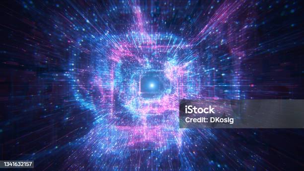 Flying Through Emerging Digital Structures Blue Loopable Data Network Virtual Reality Quantum Computing Stock Photo - Download Image Now