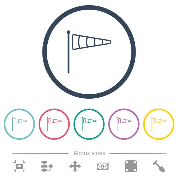 Vector illustration of Windsock indicator outline flat color icons in round outlines