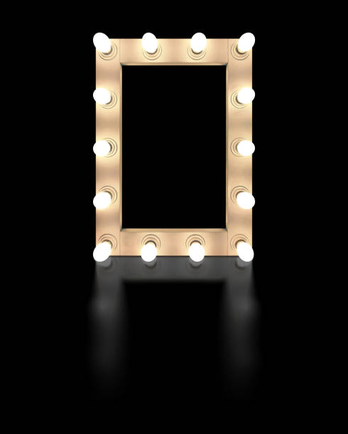 istock Vintage white mirror frame with glowing lamps, isolated on black background. Make-up mirror with built-in lamps. Professional luminous mirror with reflection. 1341633349