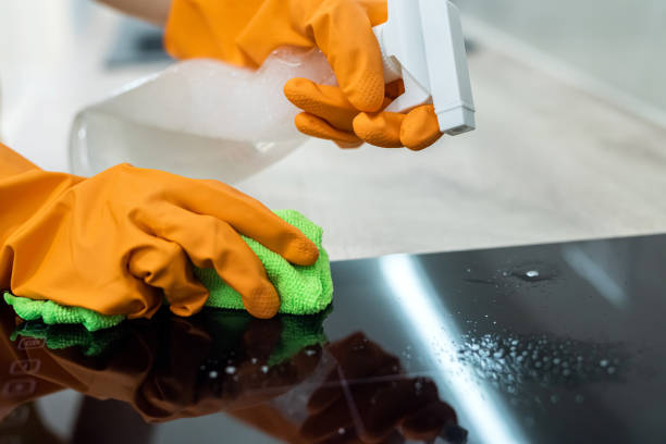 istock Female hands in gloves cleaning black kitchen surface. Household concept 1341633516