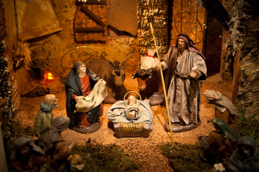 Typical Christmas scene: The Holy family in a familar betlehem