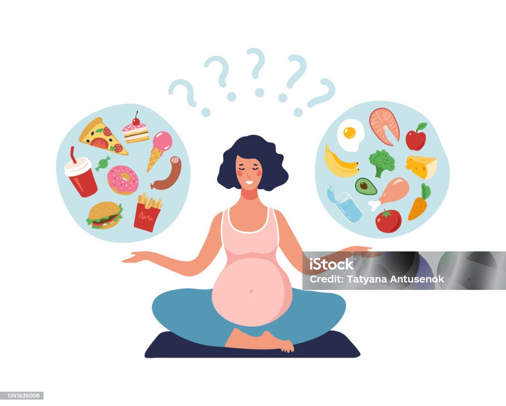 Healthy Nutrition Of A Pregnant Woman A Pregnant Girl Practices Yoga And  Chooses Between Healthy And Junk Food Flat Cartoon Vector Illustration  Isolated On White Background Stock Illustration - Download Image Now -