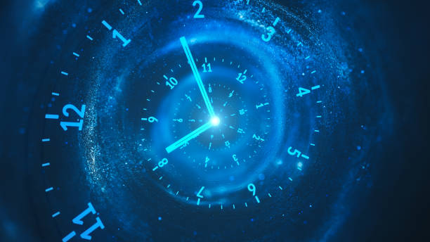 reloj en espiral - el flujo del tiempo - oscuro, azul, turquesa - día fotografías e imágenes de stock