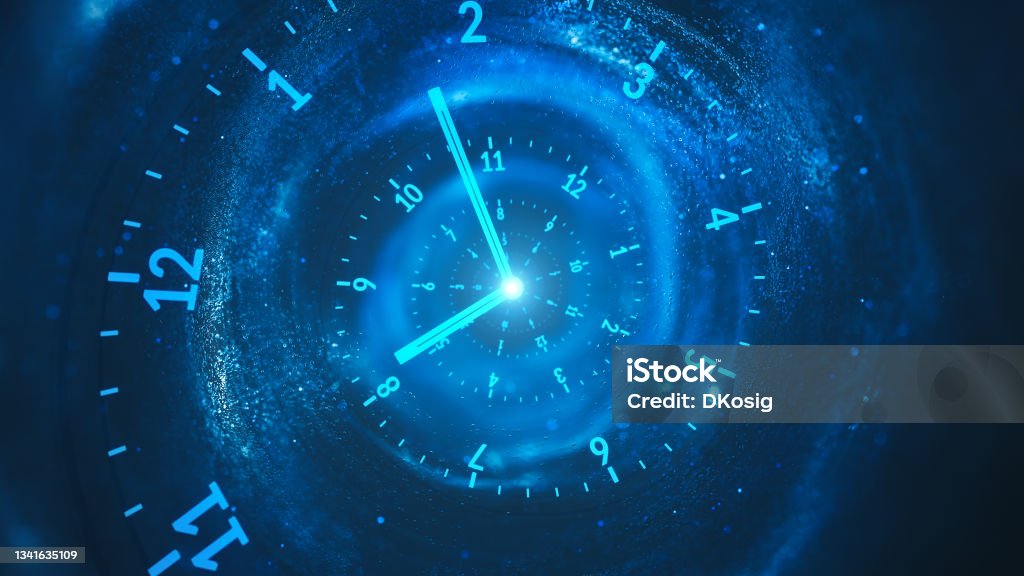 Spiral Clock - The Flow Of Time - Dark, Blue, Turquoise Digitally generated image, perfectly usable for all kind of topics related to time and history. Time Stock Photo