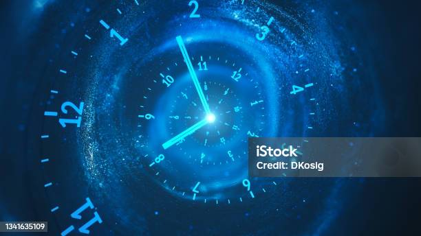 Spiral Clock The Flow Of Time Dark Blue Turquoise Stock Photo - Download Image Now