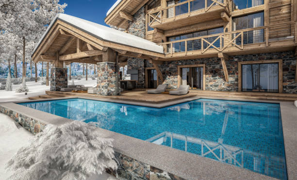 istock 3d rendering of modern cozy chalet in winter day 1341637163