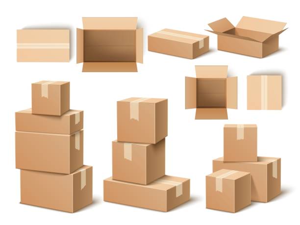 Realistic cardboard boxes. Paper parcels, post delivery opened and closed, different angles containers, top and side view objects, single and objects groups stacks, vector isolated set Realistic cardboard boxes. Paper parcels, post delivery opened and closed, different angles containers with tape, top and side view objects, single and objects groups stacks, vector isolated set brown packing tape stock illustrations