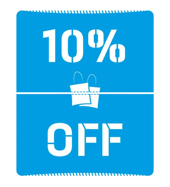 Vector illustration of A poster in a vertical rectangle shape with curved edges and corners with white with text Up to 10 % Off printed in white colour on blue coloured backdrop with two shopping bags in centre, for ten percent SALE related vector backgrounds