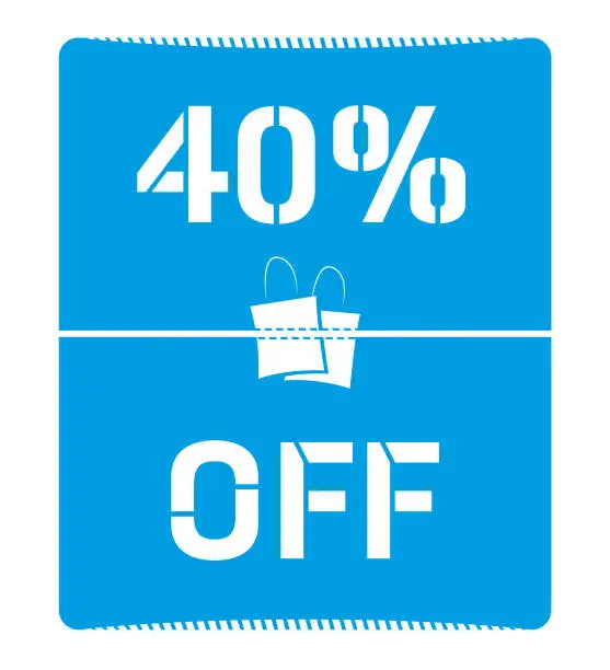 Vector illustration of A poster in a vertical rectangle shape with curved edges and corners with white with text  40 % Off printed in white colour on blue coloured backdrop with two shopping bags in centre, for forty percent SALE related vector backgrounds