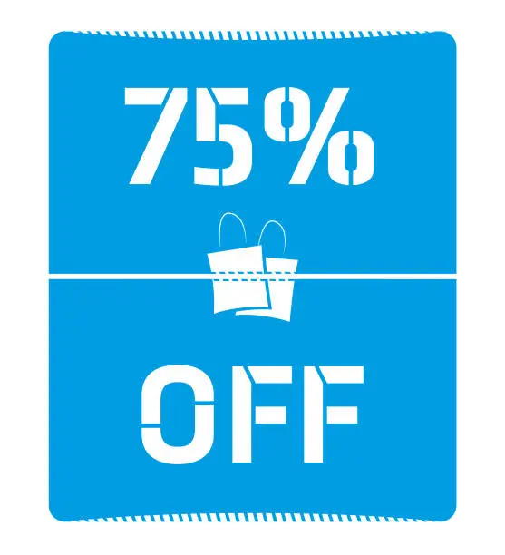 Vector illustration of A poster in a vertical rectangle shape with curved edges and corners with white with text  75 % Off printed in white colour on blue coloured backdrop with two shopping bags in centre, for big seventy five percent SALE related vector backgrounds