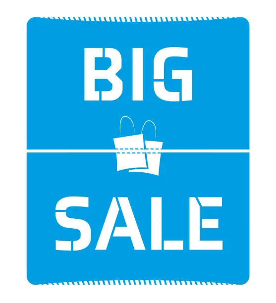 Vector illustration of A poster in a vertical rectangle shape with curved edges and corners with white with text BIG SALE in white colour on blue coloured backdrop with two shopping bags in centre, for huge SALEs related vector backgrounds