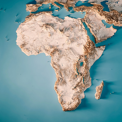 3D Render of a Topographic Map of Africa. \nAll source data is in the public domain.\nColor texture: Made with Natural Earth. \nhttp://www.naturalearthdata.com/downloads/10m-raster-data/10m-cross-blend-hypso/\nRelief texture: GMTED2010 data courtesy of USGS. URL of source image: https://topotools.cr.usgs.gov/gmted_viewer/viewer.htm \nWater texture: HIU World Water Body Limits: http://geonode.state.gov/layers/?limit=100&offset=0&title__icontains=World%20Water%20Body%20Limits%20Detailed%202017Mar30