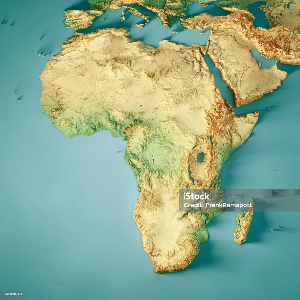 Africa Continent 3D Render Topographic Map Color 3D Render of a Topographic Map of Africa. All source data is in the public domain.Color texture: Made with Natural Earth. http://www.naturalearthdata.com/downloads/10m-raster-data/10m-cross-blend-hypso/Relief texture: GMTED2010 data courtesy of USGS. URL of source image: https://topotools.cr.usgs.gov/gmted_viewer/viewer.htm Water texture: HIU World Water Body Limits: http://geonode.state.gov/layers/?limit=100&offset=0&title__icontains=World%20Water%20Body%20Limits%20Detailed%202017Mar30 Africa Stock Photo