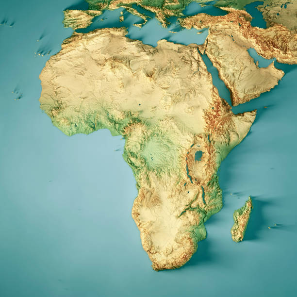 Africa Continent 3D Render Topographic Map Color 3D Render of a Topographic Map of Africa. 
All source data is in the public domain.
Color texture: Made with Natural Earth. 
http://www.naturalearthdata.com/downloads/10m-raster-data/10m-cross-blend-hypso/
Relief texture: GMTED2010 data courtesy of USGS. URL of source image: https://topotools.cr.usgs.gov/gmted_viewer/viewer.htm 
Water texture: HIU World Water Body Limits: http://geonode.state.gov/layers/?limit=100&offset=0&title__icontains=World%20Water%20Body%20Limits%20Detailed%202017Mar30 african continent stock pictures, royalty-free photos & images