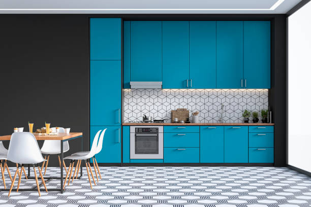 istock Modern kitchen and dining room on retro tiled floor 1341641380