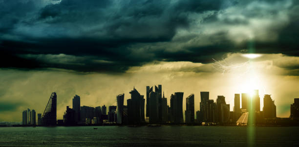 Skyline of modern city with power failure and thunderstorm
