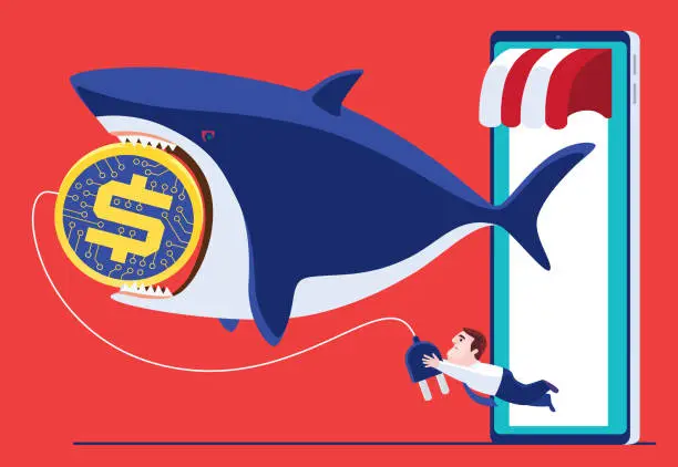 Vector illustration of businessman competing electronic coin with shark via smartphone