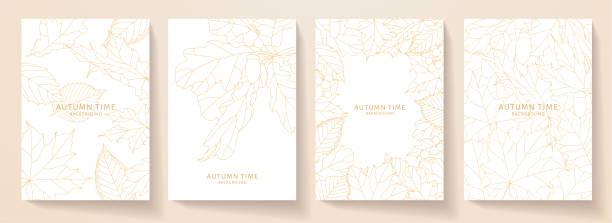 Autumn cover, frame design set. Decorative vector template with leaf fall (orange leaves of maple, oak) on white background Floral line pattern for invitation card, poster a4, notebook page coloring book cover stock illustrations