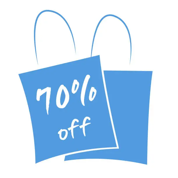 Vector illustration of A poster template design with cut out of two overlapping bright blue shopping bags with white text 70 % Off written in white colour, for seventy percent big SALE related vector backgrounds