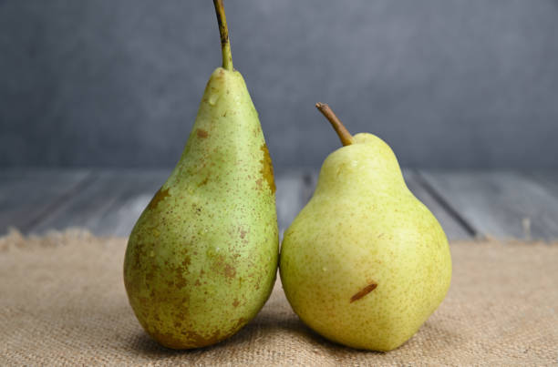 다른 품종의 두 녹색 배는 삼베에 서로 에 기대어 - two pears 뉴스 사진 이미지
